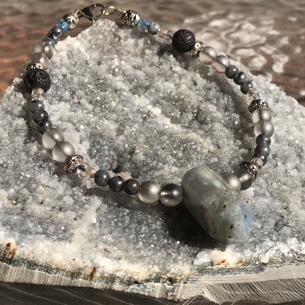 Labradorite and lava stone anklet
